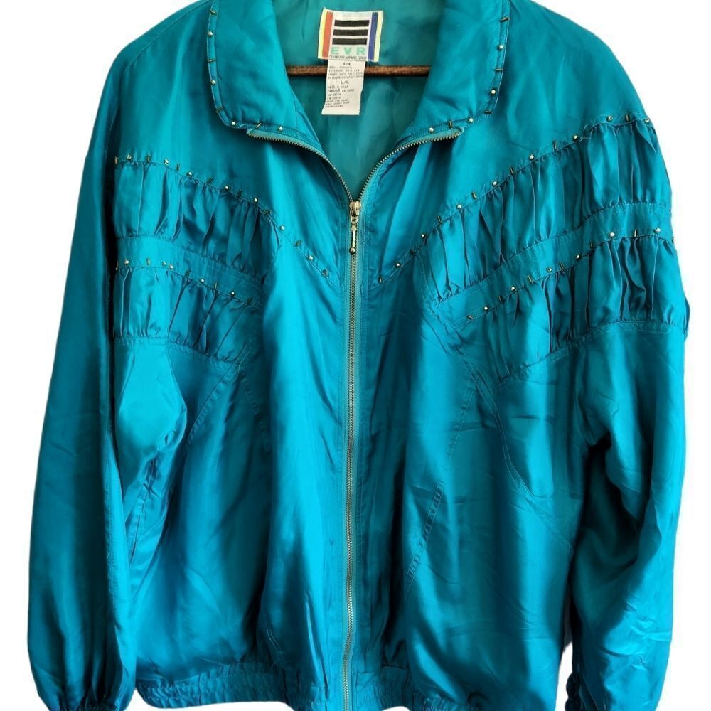 ‎Evr Vintage 90's Silk Teal Blue Bomber Jacket